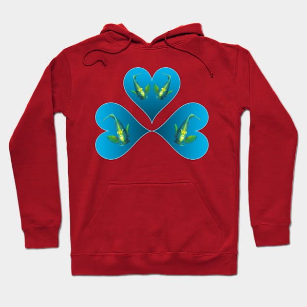 Angelfish | Three hearts in blue for a fish in motion | Viva Magenta background | Hoodie by Ute-Niemann